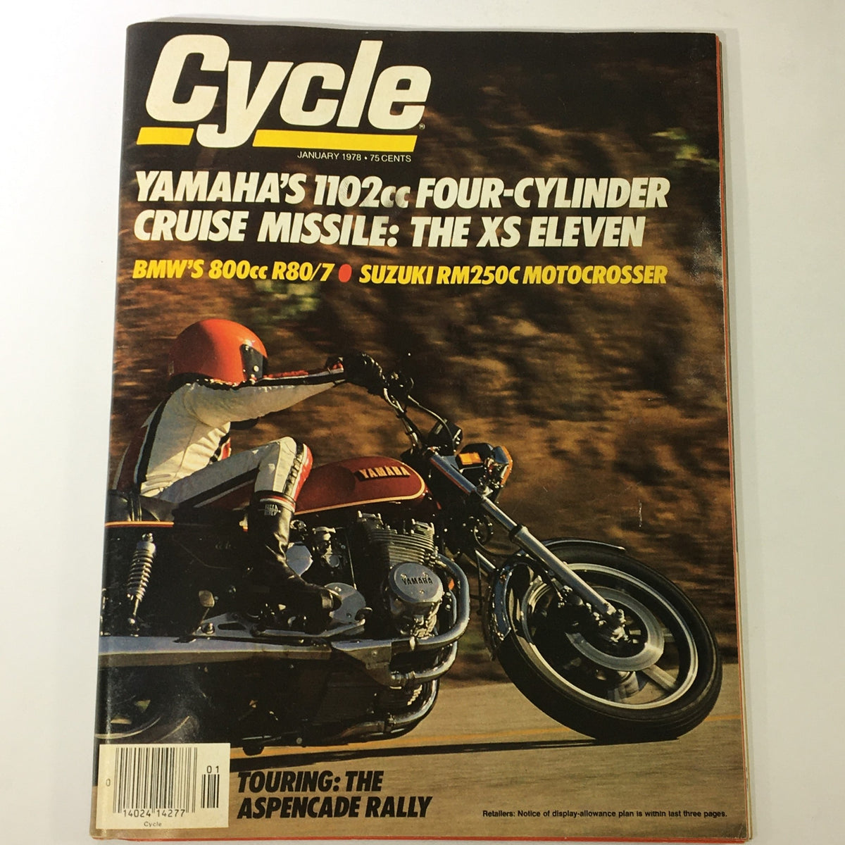Vintage Cycle Magazine from January 1978 featuring Yamaha's 1102cc Four-Cylinder Cruise Missile XS on the cover. The magazine showcases a rider in a helmet, wearing a white and red suit, cruising on the motorcycle against a blurred background, highlighting the iconic design of the XS Eleven.