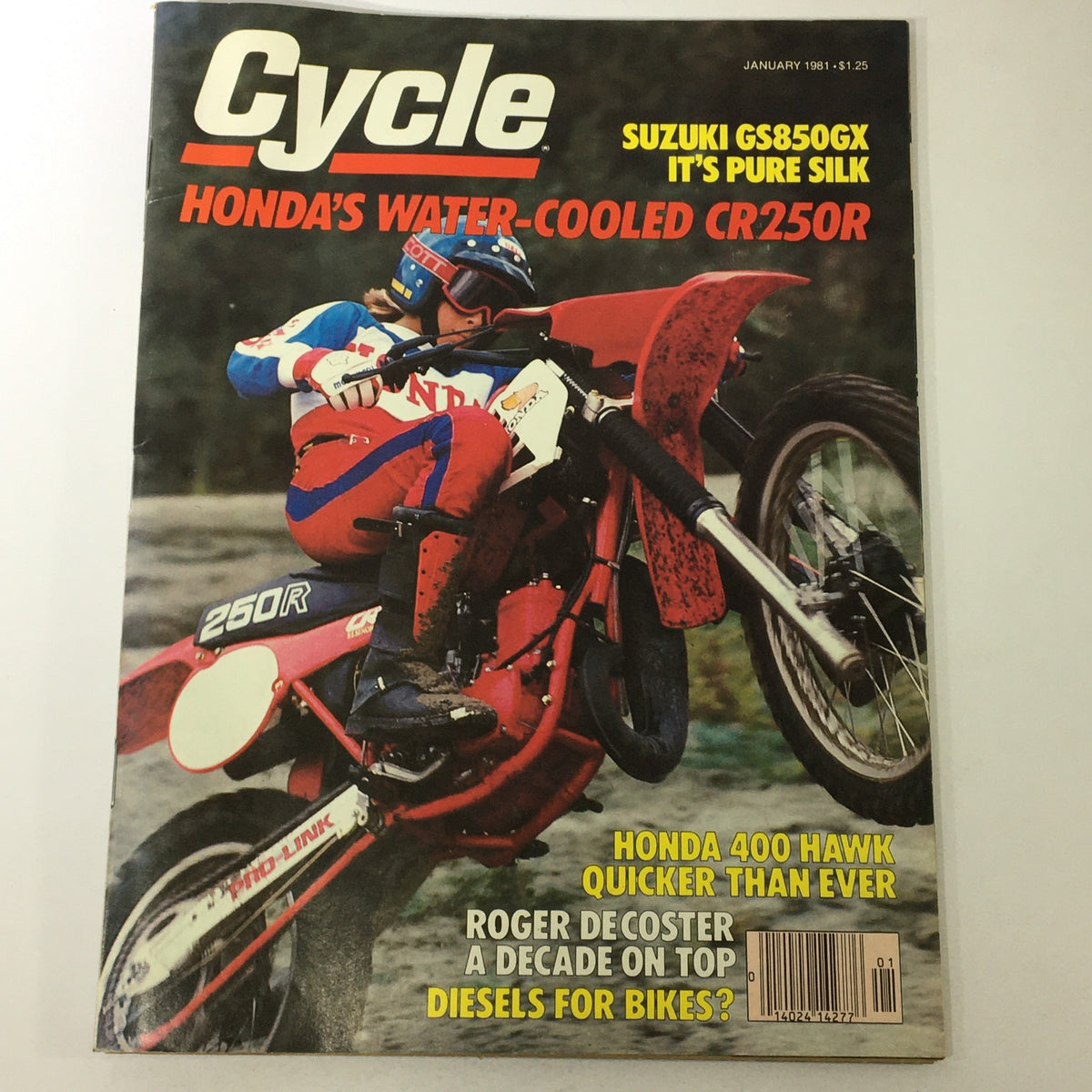 Cover of the January 1981 Cycle Magazine featuring Suzuki GS850GX, Honda CR250R, and Honda 400 Hawk, showcasing a rider on a water-cooled CR250R motorcycle, highlighting vintage motorcycle culture and features.