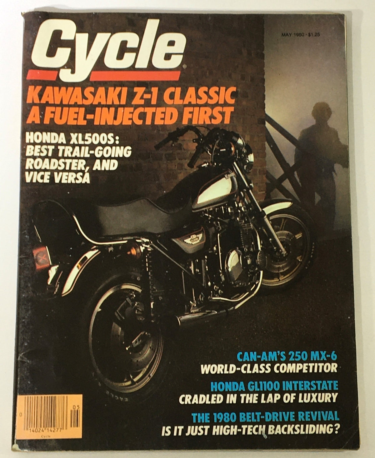 Cover of Cycle Magazine May 1980 featuring Kawasaki Z-1 Classic, Honda XL500S, and Can-Am MX-6 with motorcycle image and text highlights.