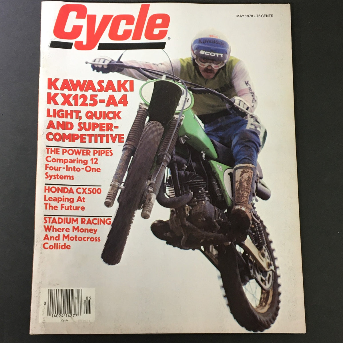 Vintage Cycle Magazine cover from May 1978 featuring Kawasaki KX125-A4, highlighting its light, quick, and super-competitive performance. The cover also includes articles on Honda CX500 and stadium racing.