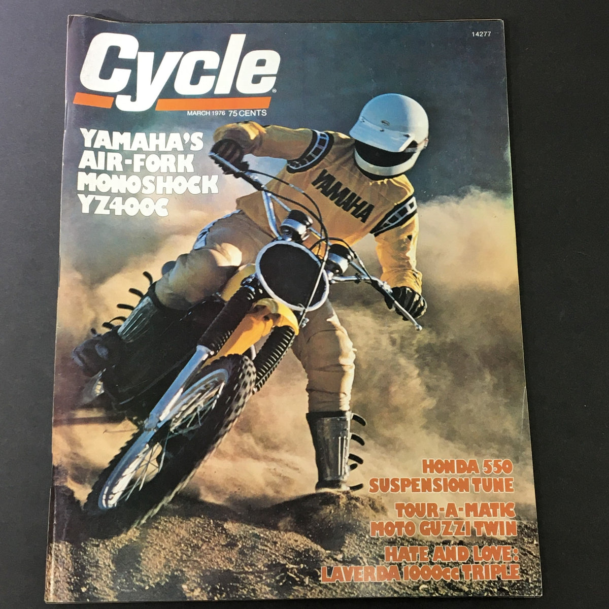 Cover of VTG Cycle Magazine March 1976 featuring Yamaha's Monoshock YZ400C, showing a rider in a yellow Yamaha jersey on a motorcycle in action, highlighting Honda 550 suspension advancements.
