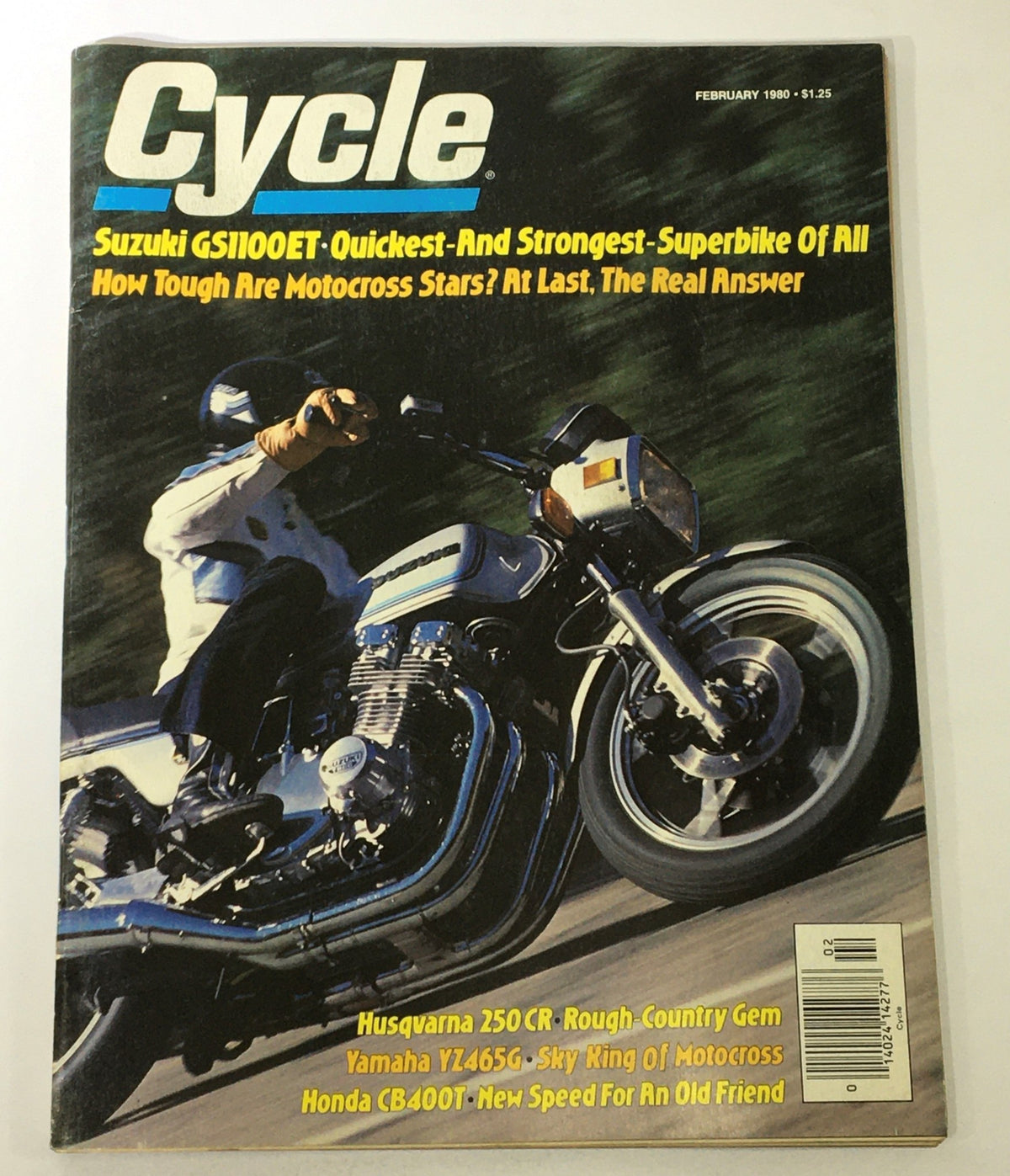 Cover of VTG Cycle Magazine February 1980 featuring Suzuki GS1100ET as the main highlight, with articles on Husqvarna 250 CR and Yamaha YZ465G, showcasing the iconic motorcycles of the early '80s.