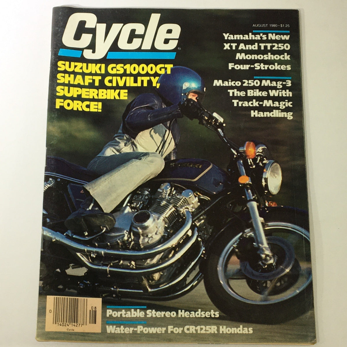 Cover of VTG Cycle Magazine August 1980 featuring Suzuki GS1000GT, Yamaha XT & TT250, and Maico 250. Highlights include articles on superbike performance, monoshock technology, and motorcycle handling.