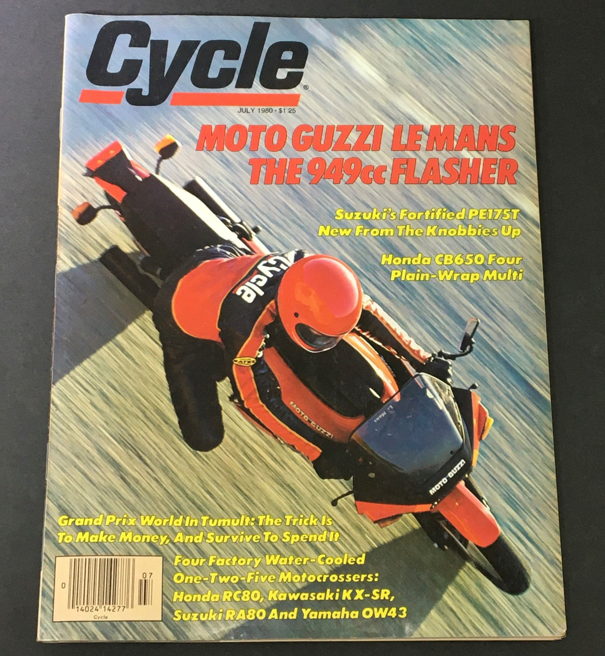 Cycle Magazine July 1980 cover featuring Moto Guzzi Le Mans, Suzuki PE175T, and Honda CB650, showcasing iconic vintage motorcycles.
