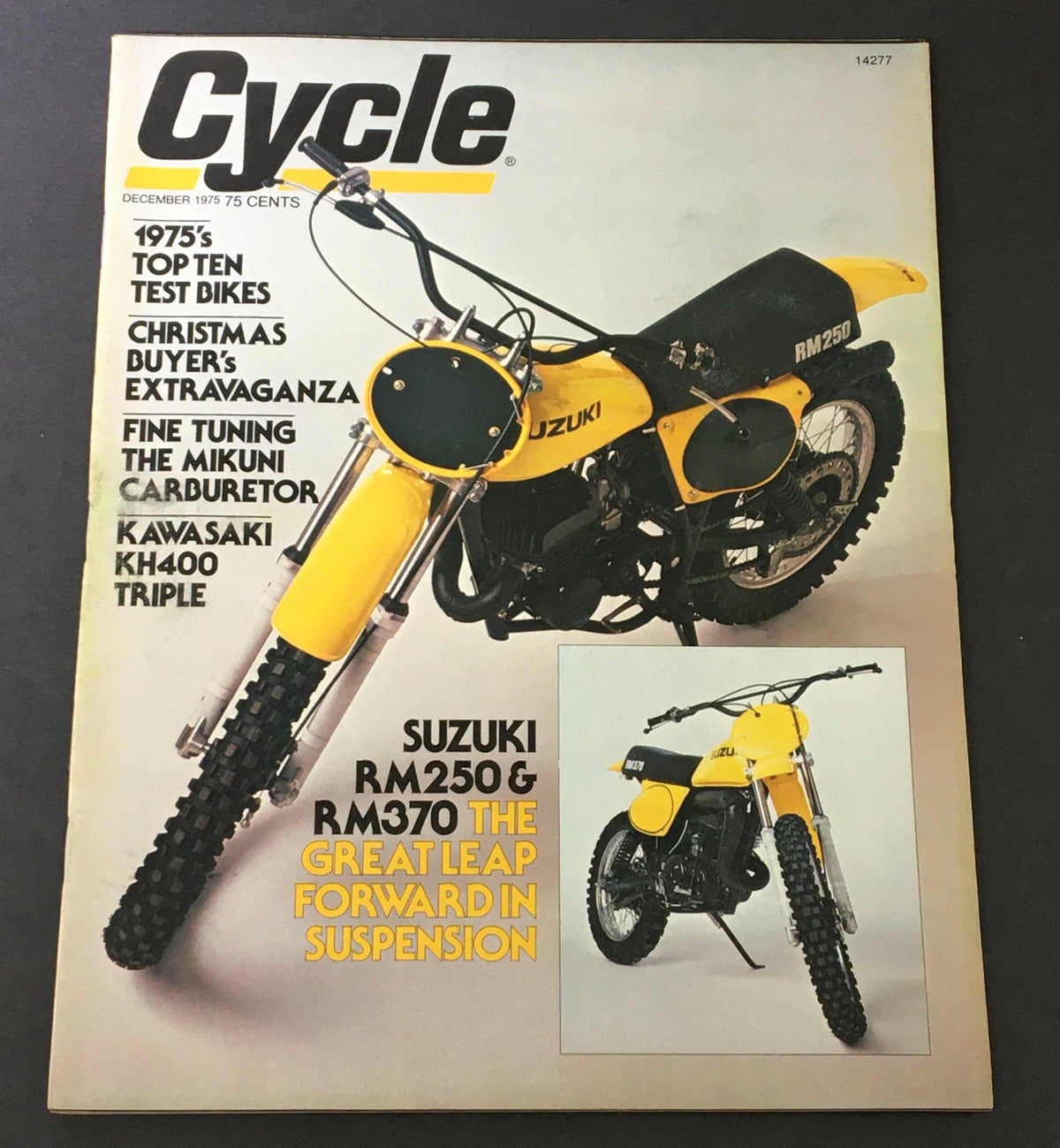 Cover of VTG Cycle Magazine December 1975 featuring the title '1975's Top Ten Bikes', highlighting the Suzuki RM250 and the Kawasaki KH400 Triple, with colorful graphics and motorcycle imagery.