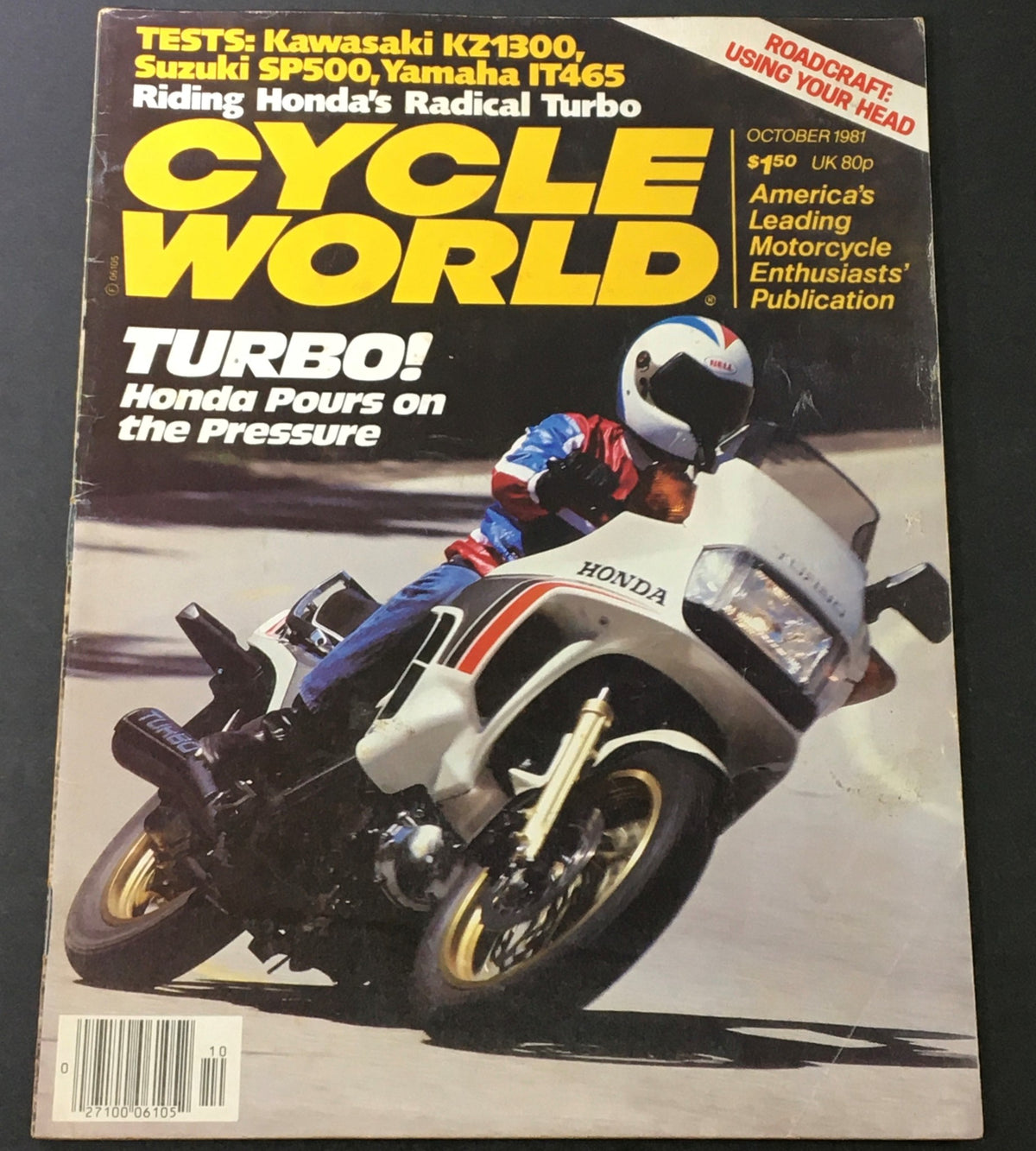 Cover of VTG Cycle World Magazine October 1981 featuring a Honda motorcycle and the article 'Turbo! Honda Pours on the Pressure'. The magazine highlights tests on Kawasaki KZ1300, Suzuki SP500, and Yamaha IT465.