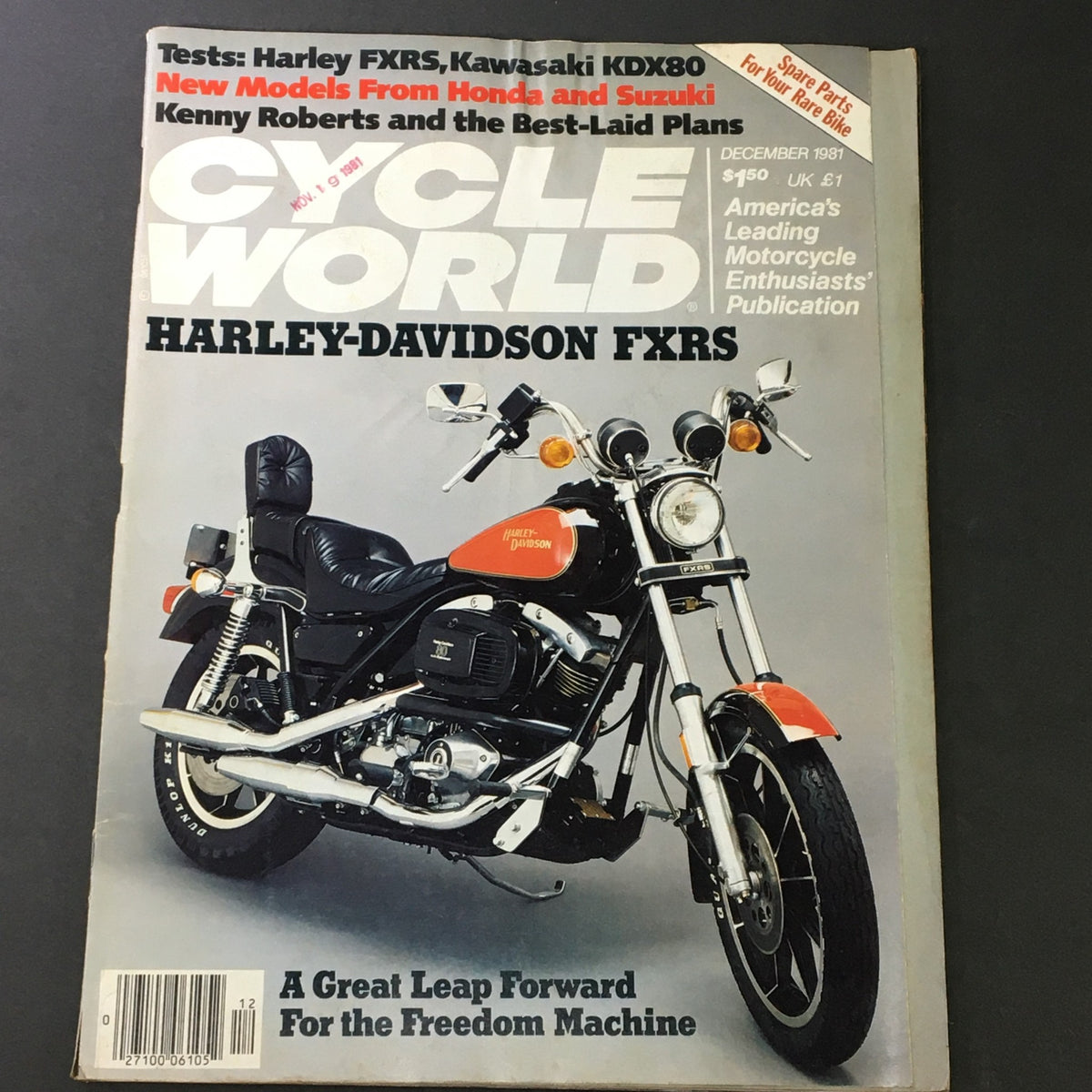 Cycle World Magazine December 1981 cover featuring Harley FXRS motorcycle, tests on Kawasaki KDX80, and new models from Honda and Suzuki.