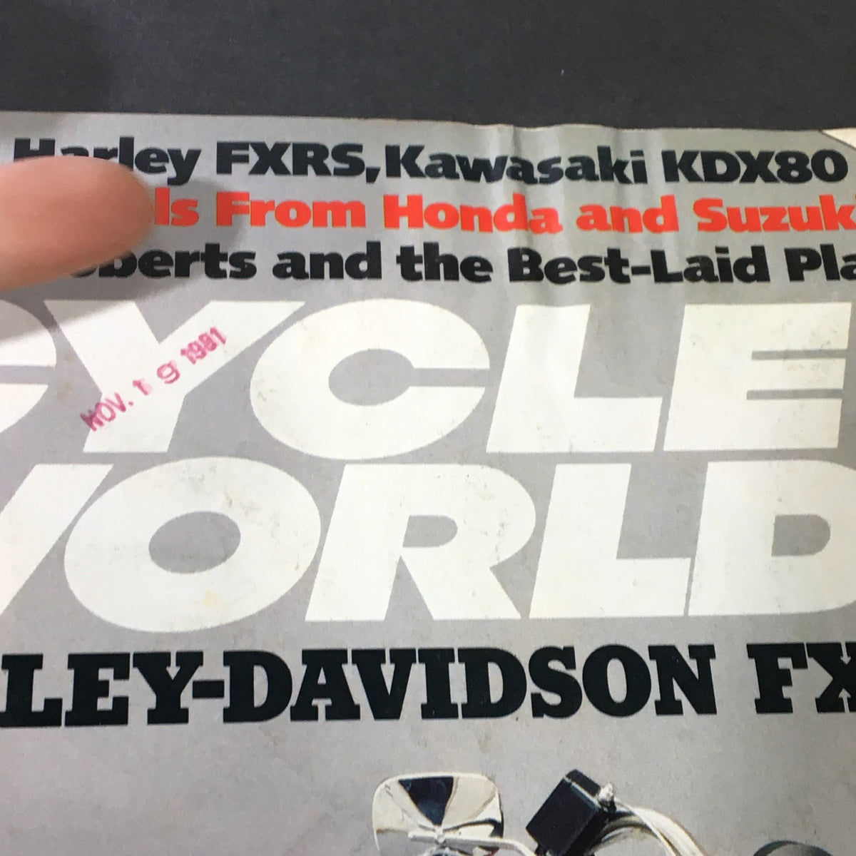 Cover of VTG Cycle World Magazine December 1981 featuring Harley FXRS, Kawasaki KDX80, and Honda models, with bold titles highlighting key articles and features.