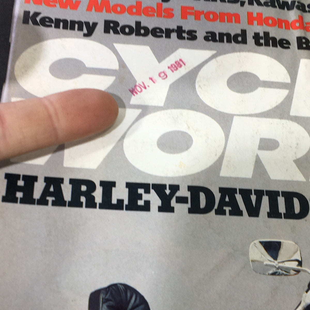 Close-up of the VTG Cycle World Magazine December 1981 cover showcasing Harley FXRS and new models from Honda, including a date stamp for November 1981.