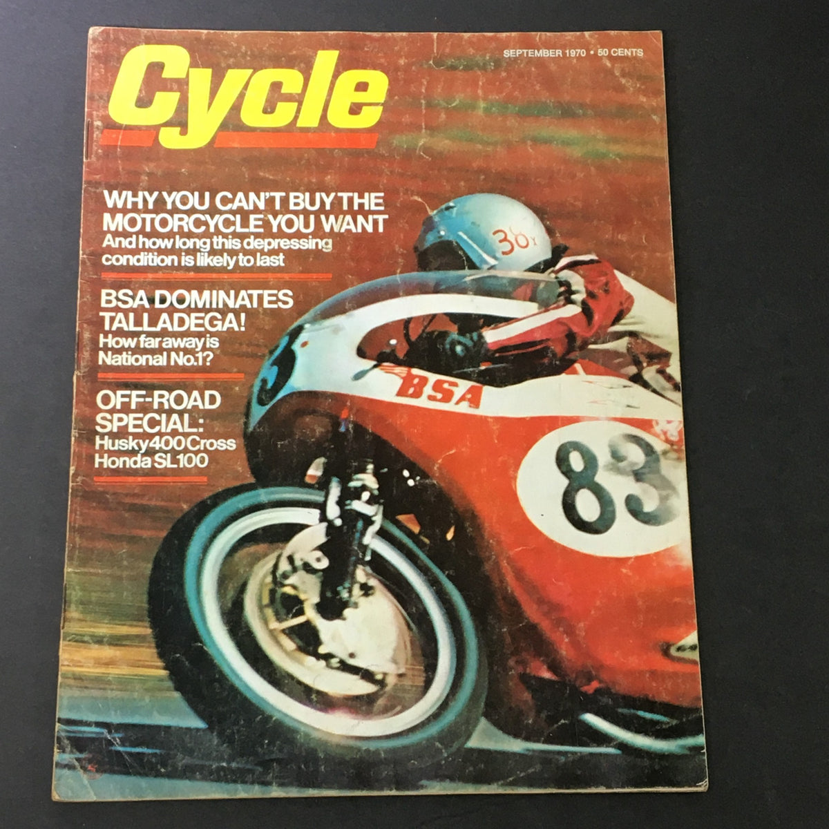 Cover of VTG Cycle Magazine September 1970 featuring off-road special on Husky 400 Cross and Honda SL100, showcasing motorcycle culture.