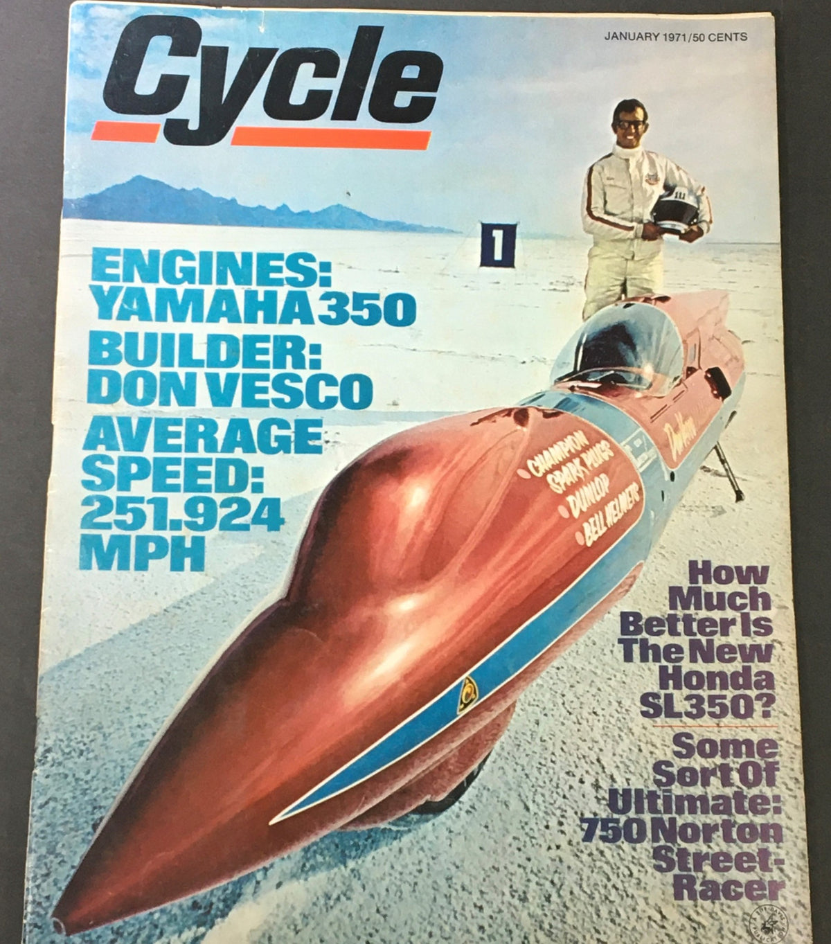 Cover of VTG Cycle Magazine January 1971 featuring the Yamaha 350 and Don Vesco with a streamliner, highlighting average speed of 251.924 MPH and articles about motorcycle innovations and racers.