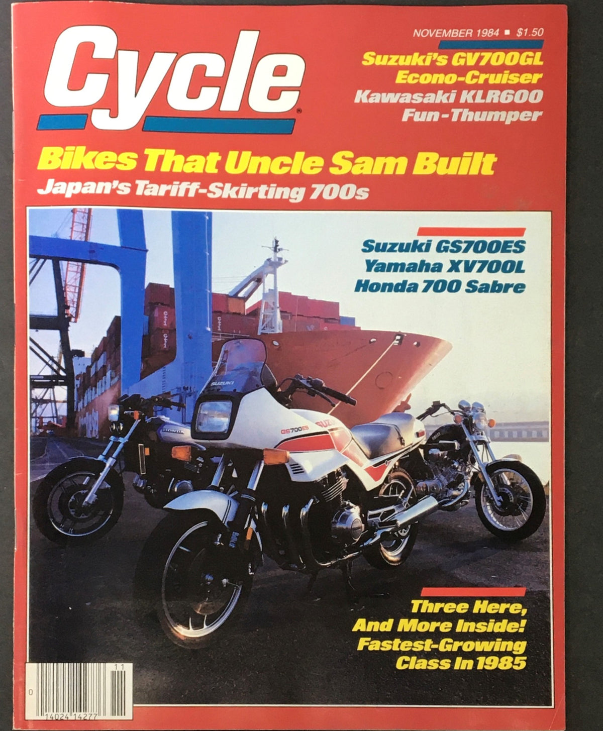 Cover of VTG Cycle Magazine November 1984 issue featuring Suzuki GV700GL, showcasing motorcycle models under the headline 'Bikes That Uncle Sam Built - Japan's Tariff-Skirting 700s'