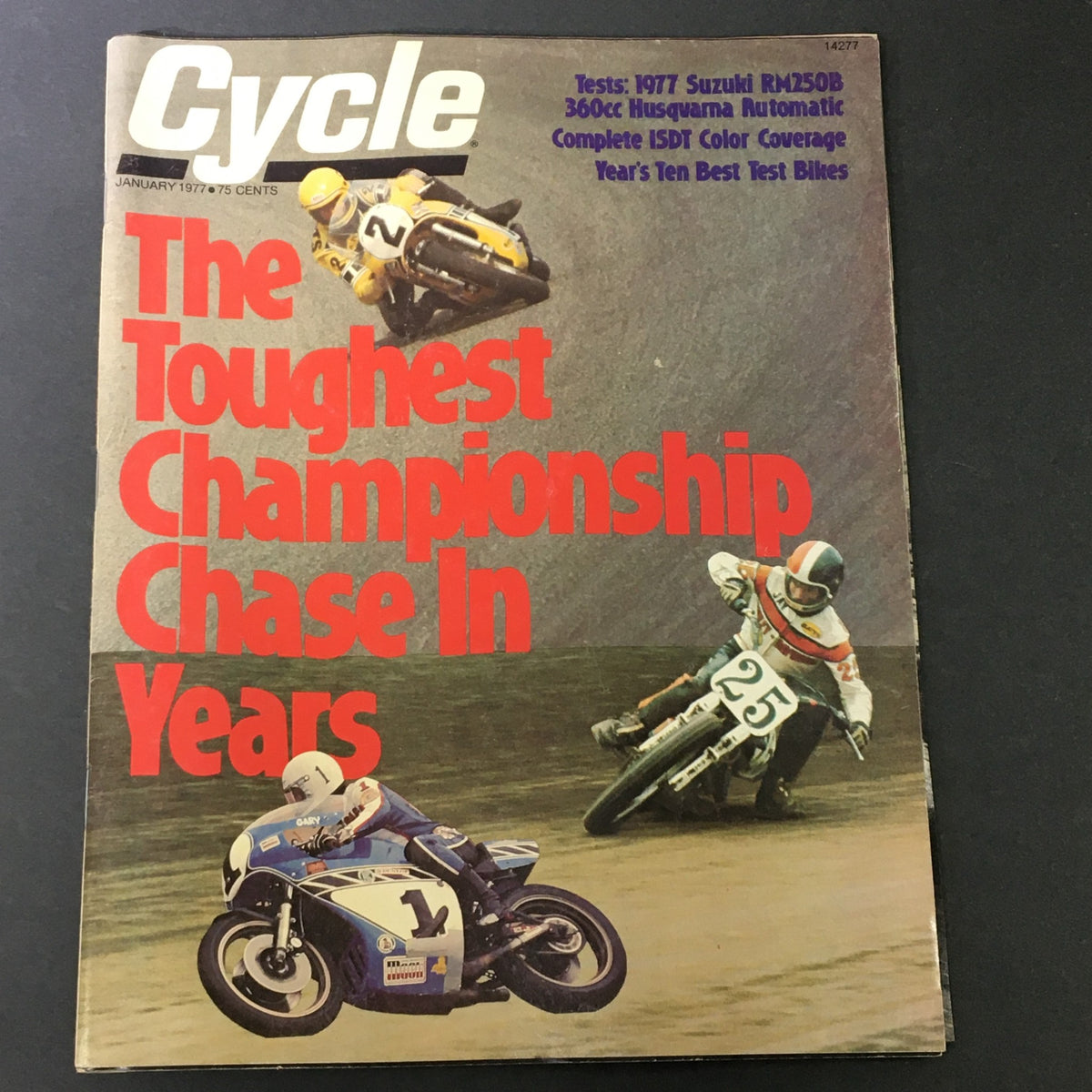 Cover of VTG Cycle Magazine from January 1977 featuring the Suzuki RM250B and 360cc Husqvarna Automatic. Highlights include 'The Toughest Championship Chase In Years' and tests of iconic motorcycles.