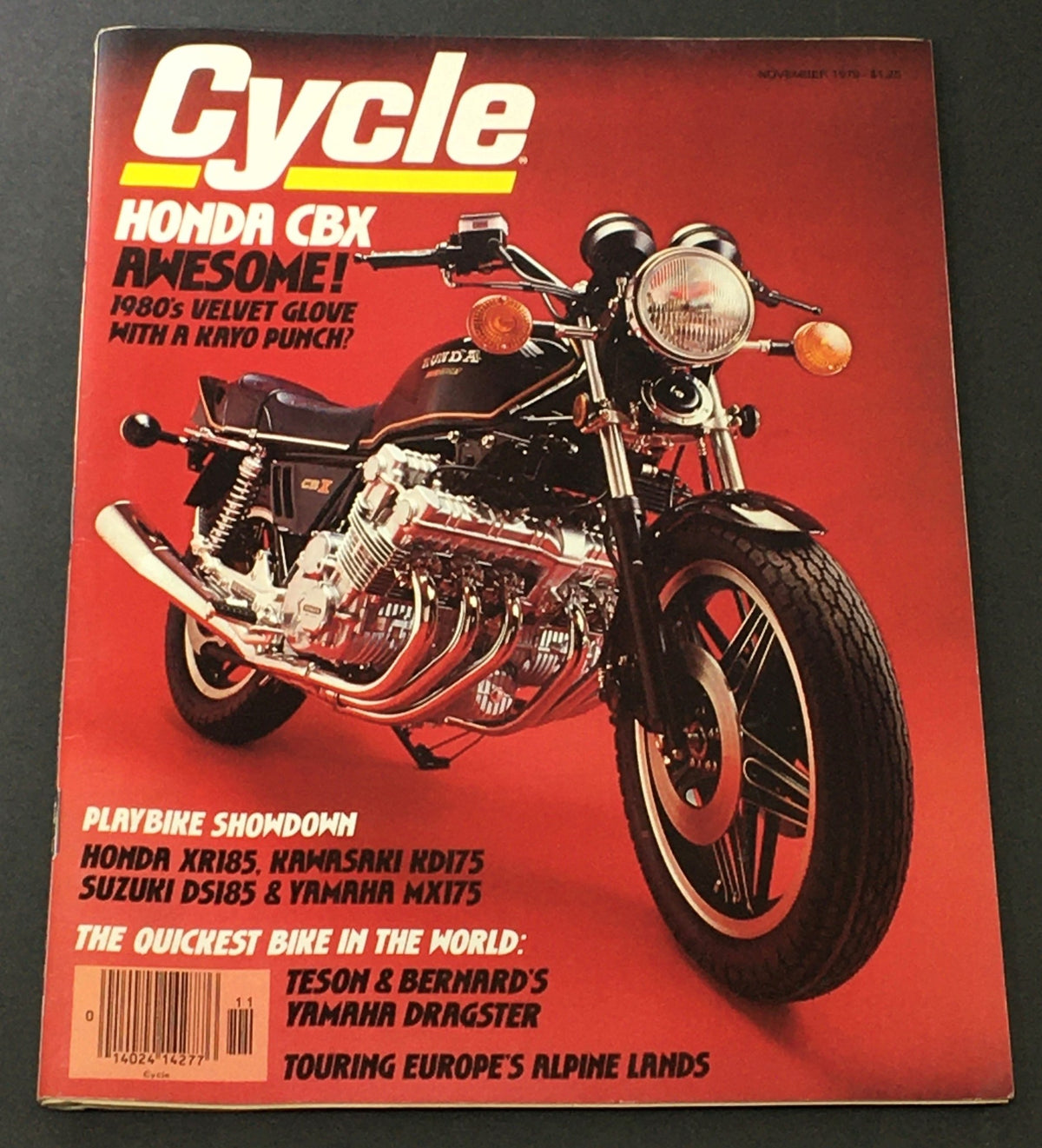 Cover of VTG Cycle Magazine November 1979 featuring the Honda CBX, highlighted as 'AWESOME!', with a striking image of the motorcycle. The magazine includes articles on Honda XR185, Kawasaki KD175, and plays on 1980's motorcycle culture.