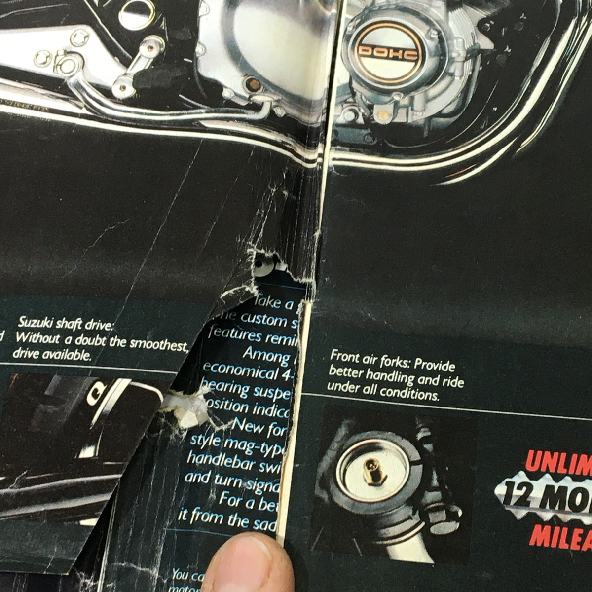 Close-up of the interior mechanics from the November 1981 Cycle Magazine issue featuring the 1982 Yamaha Seca 650 and V-Twin Moto Guzzi, highlighting components like Suzuki shaft drive and front air forks.