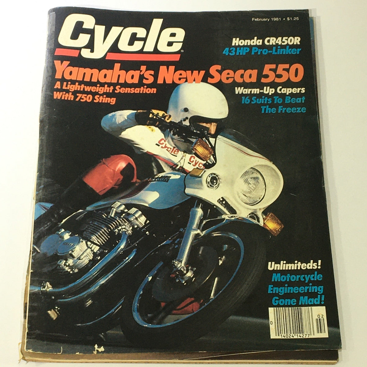 Cover of Cycle Magazine February 1981 featuring Yamaha's New Seca 550 and Honda CR450R with a motorcycle rider wearing a helmet.