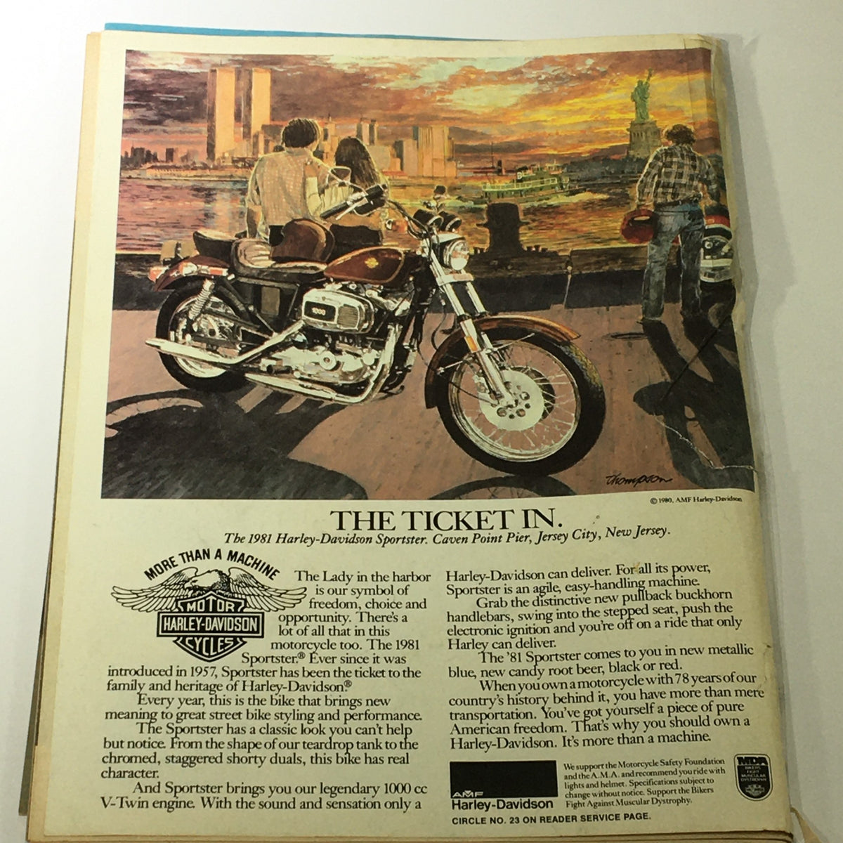 An advertisement from Cycle Magazine February 1981 highlighting the 1981 Harley-Davidson Sportster with an artistic image of a couple by the water.