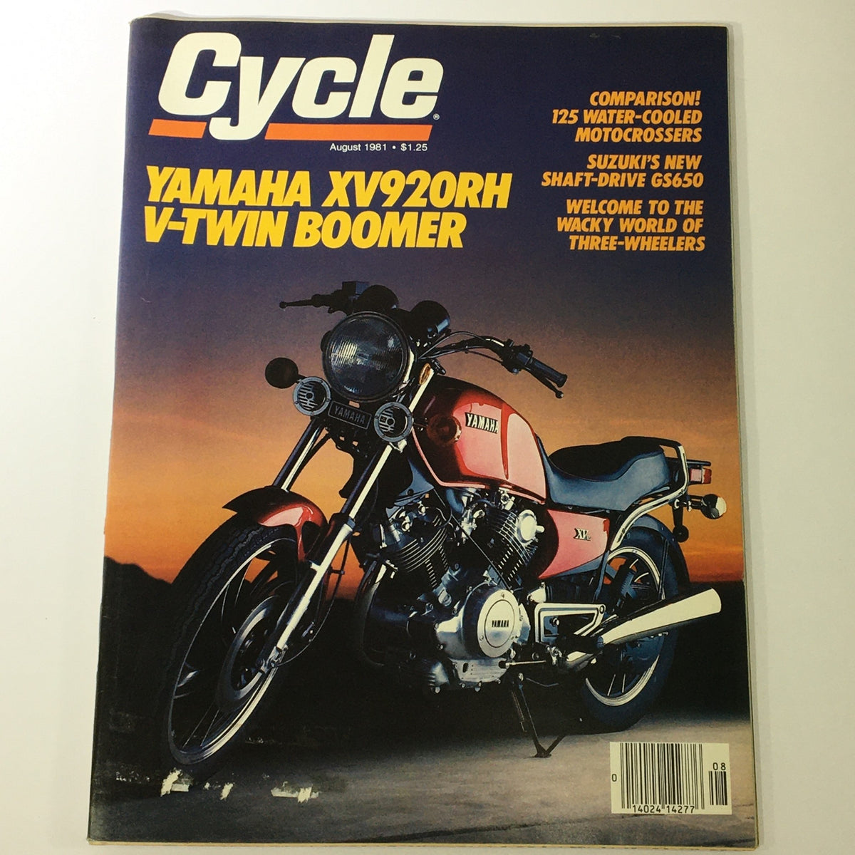 Cover of VTG Cycle Magazine from August 1981 featuring the Yamaha XV920RH V-Twin Boomer and Suzuki GS650, showcasing a motorcycle against a sunset background, highlighting vintage motorcycle culture.