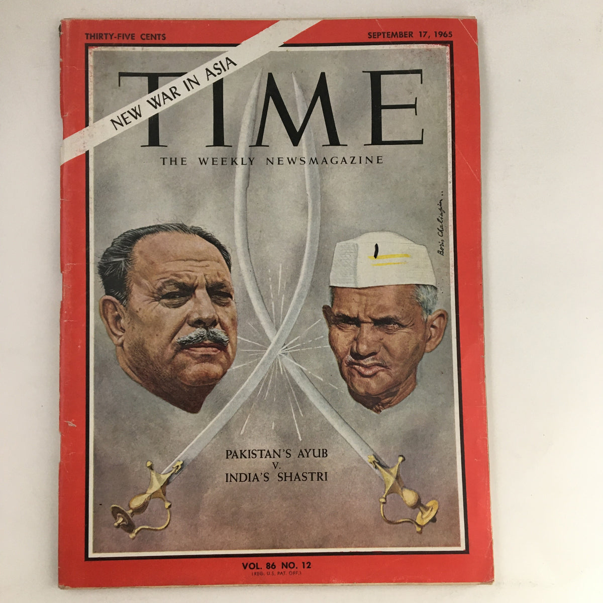 Time Magazine September 17, 1965, Vol. 86 No. 12 cover featuring Ayub Khan and Lal Bahadur Shastri, titled 'New War in Asia', highlighting the political tensions between Pakistan and India.