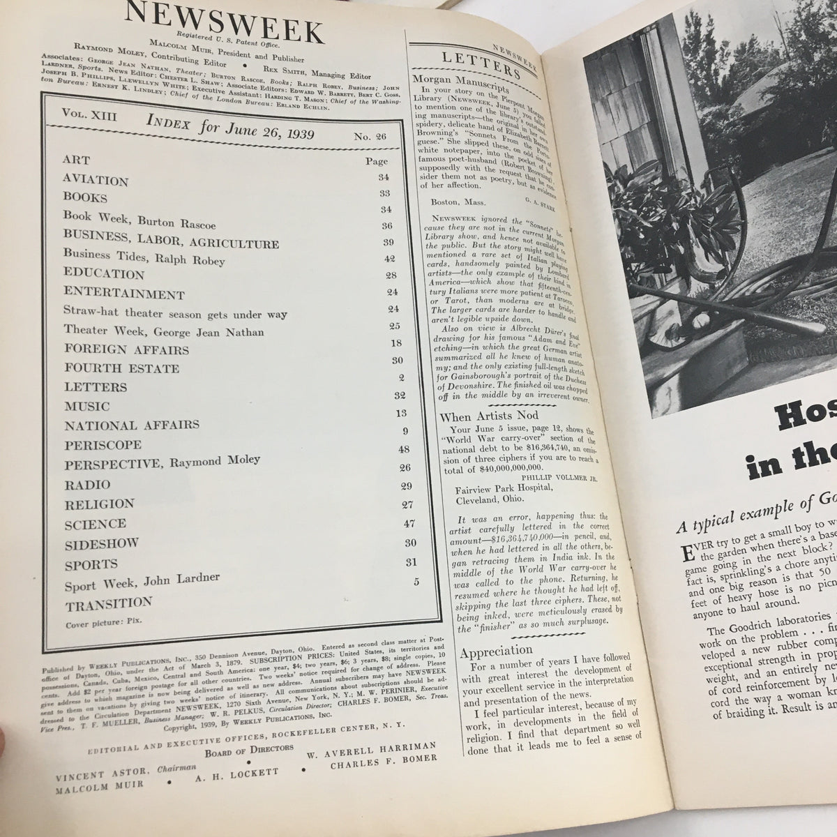 Interior page of Newsweek Magazine June 26, 1939 showcasing the index of articles including topics like art, aviation, and national affairs.
