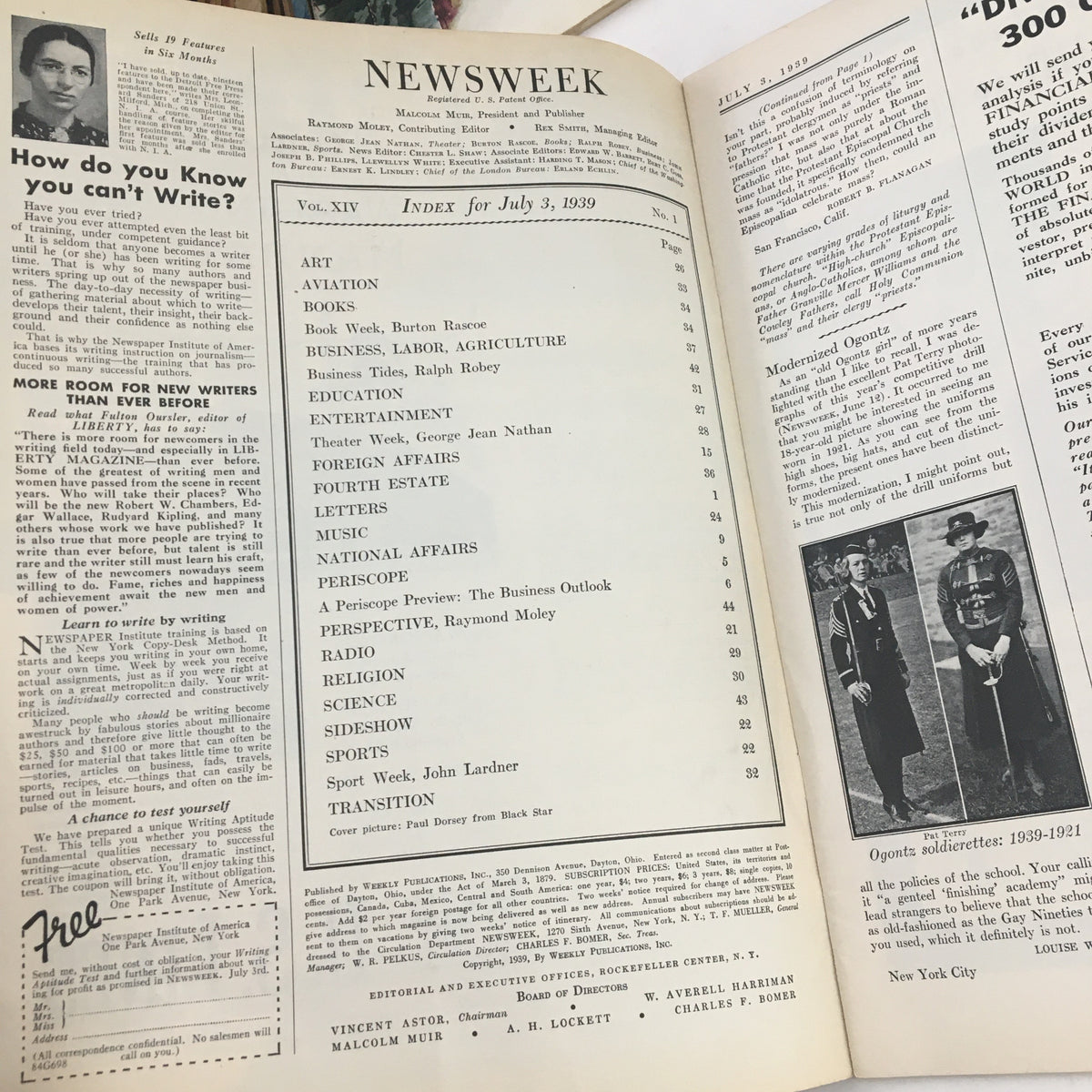 Interior page layout of Newsweek Magazine July 3 1939, displaying the index for that issue.