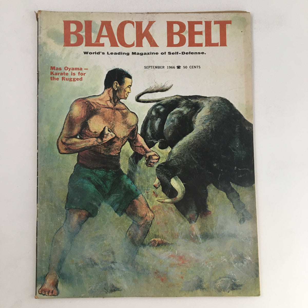 Cover of Black Belt Magazine September 1966 titled 'Mas Oyama - Karate is for the Rugged', featuring artwork of a martial artist confronting a bull.