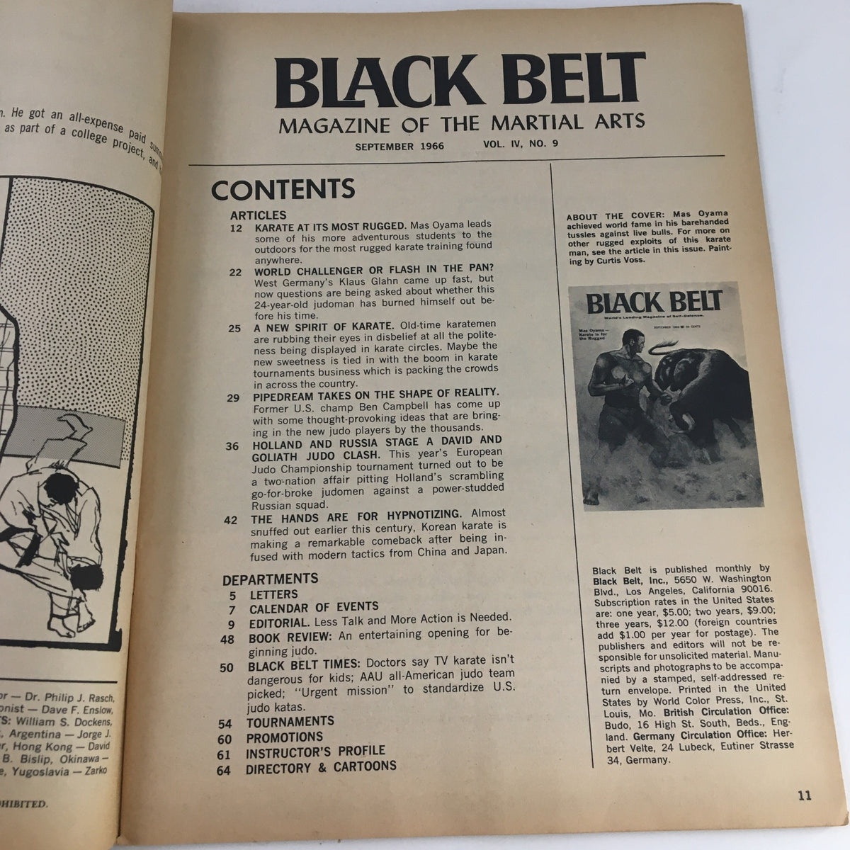 Contents page of Black Belt Magazine September 1966, listing articles including 'Karate at Its Most Rugged' and other features related to martial arts.