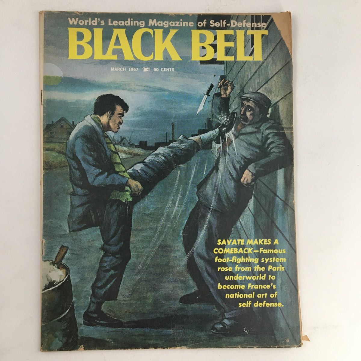 Cover of Black Belt Magazine March 1967 featuring a Savate foot-fighting scene with a man defending himself in an alley.