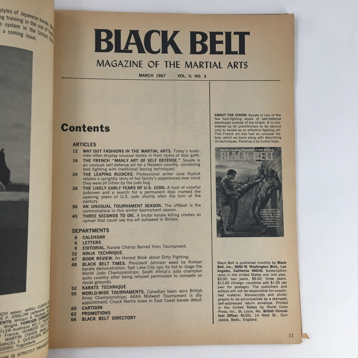 Inside page of Black Belt Magazine March 1967 displaying the contents section highlighting articles on martial arts.