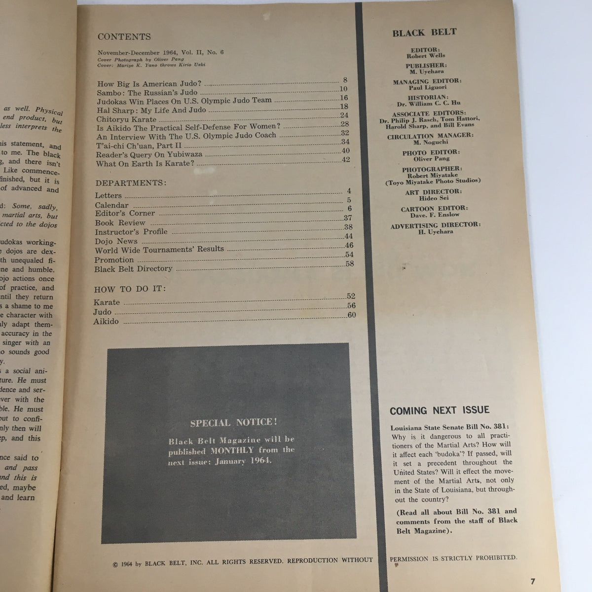 Contents page of Black Belt Magazine December 1964 detailing articles and features on karate, judo, and aikido, emphasizing the publication's educational value.
