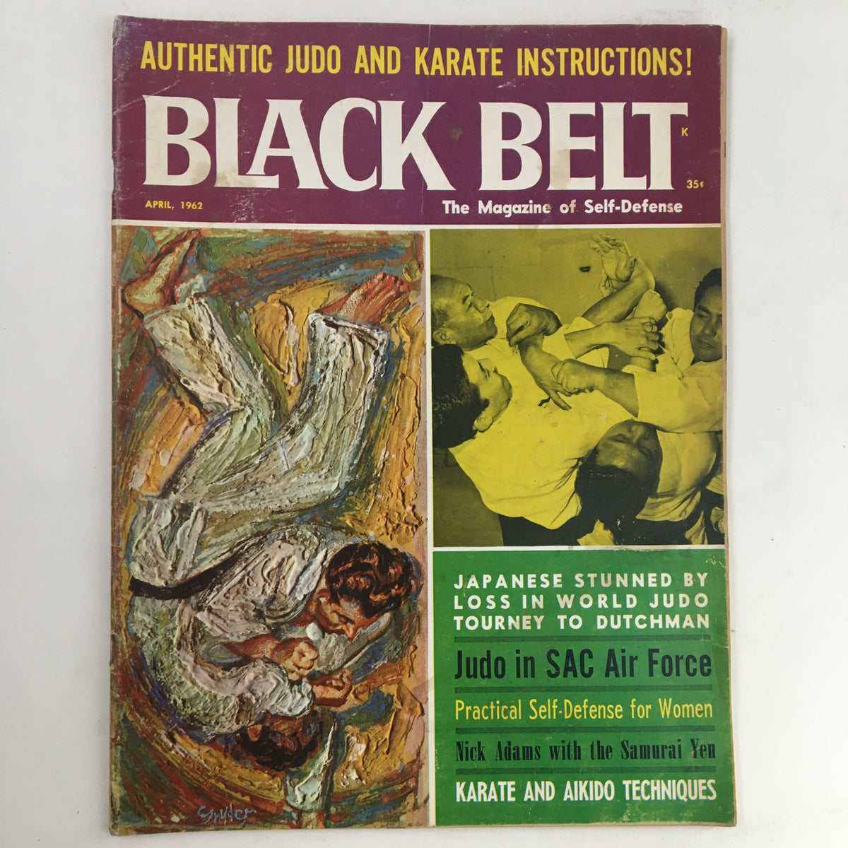 Cover of Black Belt Magazine April 1962 Vol. 1 No. 3 featuring Koichi Tohei and Nick Adams, showcasing martial arts techniques and culture, vibrant artwork, and bold title.
