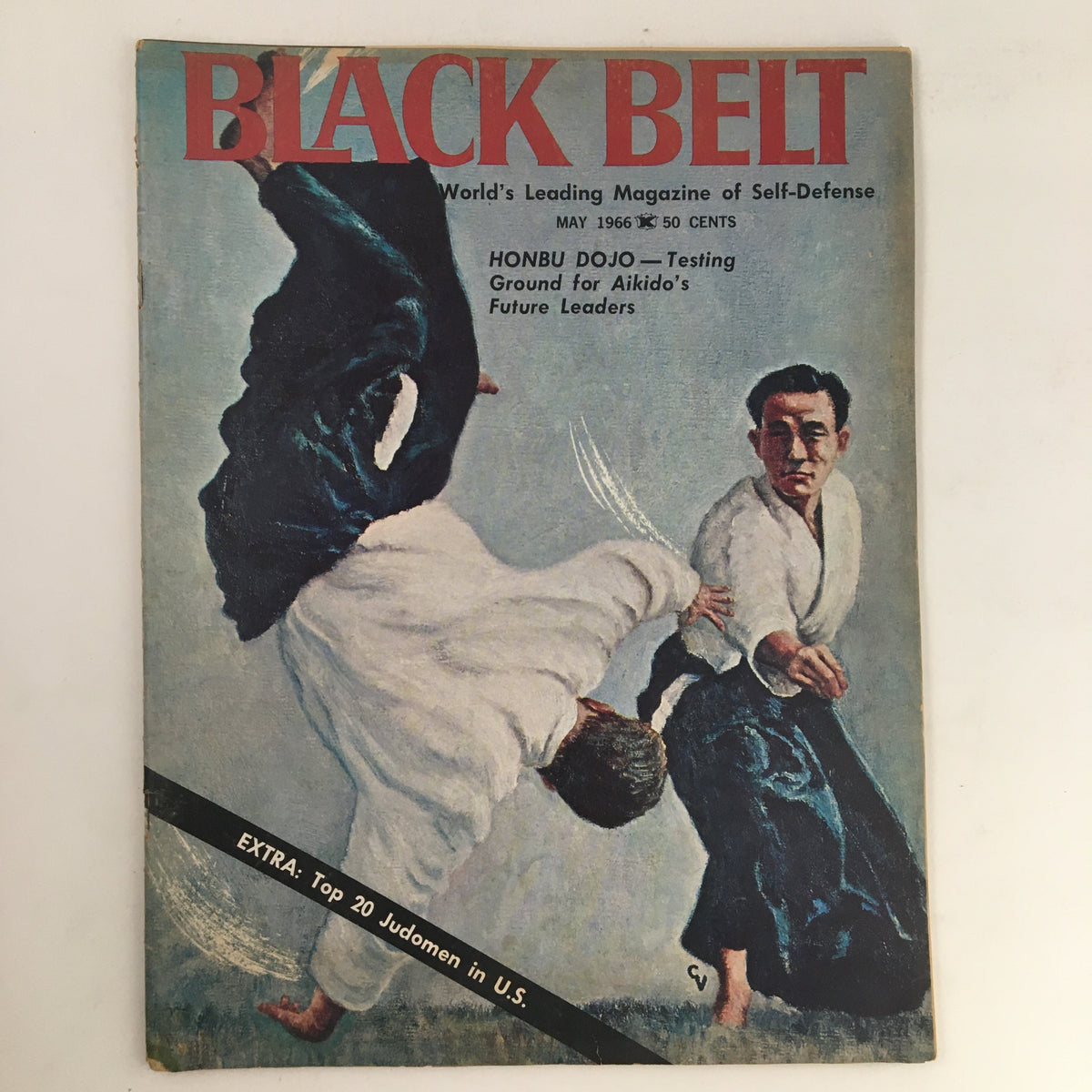 Cover of Black Belt Magazine May 1966, Vol. 4 No. 5 featuring an illustration of Aikido practitioners, showcasing Waka Uyeshiba, the founder of Aikido, with the title prominently displayed. A vintage martial arts publication.