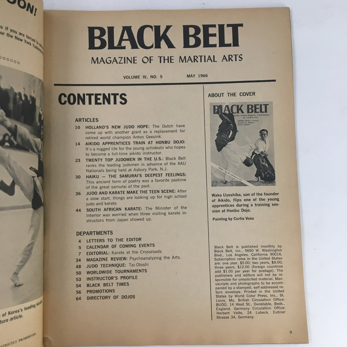 Inside content page of Black Belt Magazine May 1966, Vol. 4 No. 5 showcasing the articles and features including a section about Waka Uyeshiba and Aikido, highlighting the magazine's relevance in martial arts history.