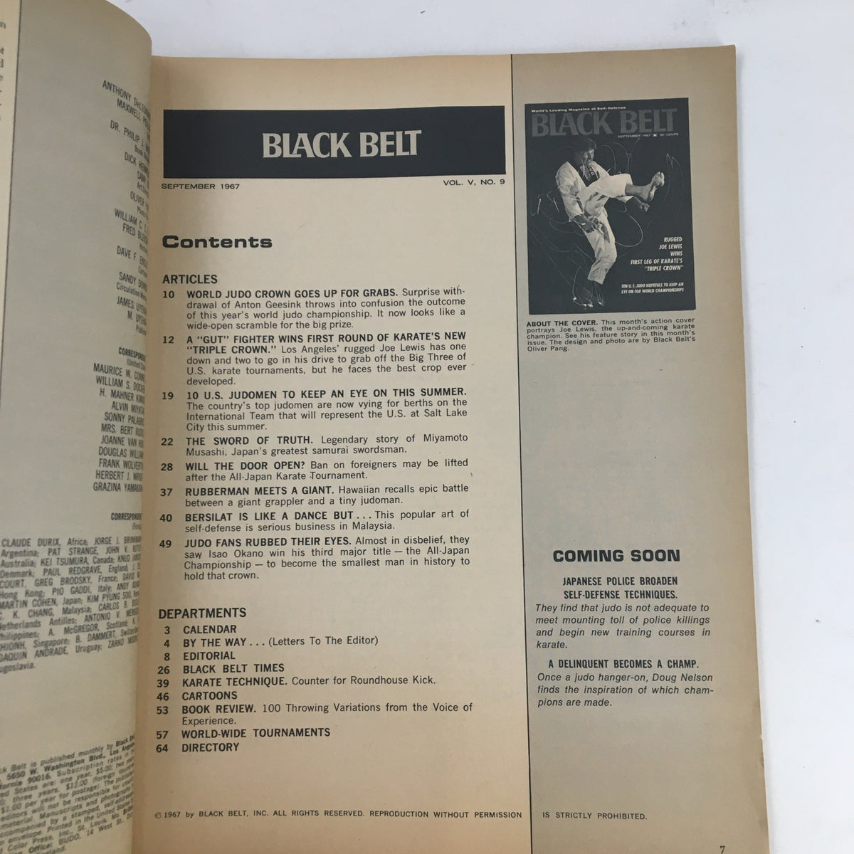 Inside page of Black Belt Magazine, September 1967, Vol. 5 No. 9, displaying the table of contents for articles related to karate and martial arts.