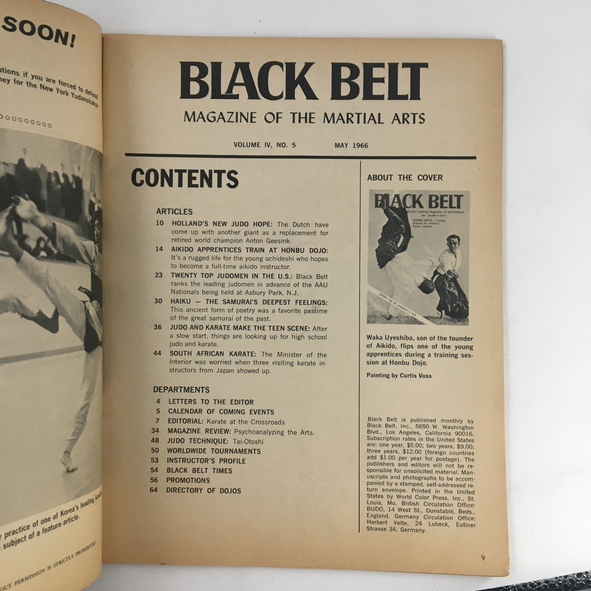 Contents page of Black Belt Magazine May 1966, Vol. 4 No. 5, listing articles on martial arts techniques, including Aikido and Judo.