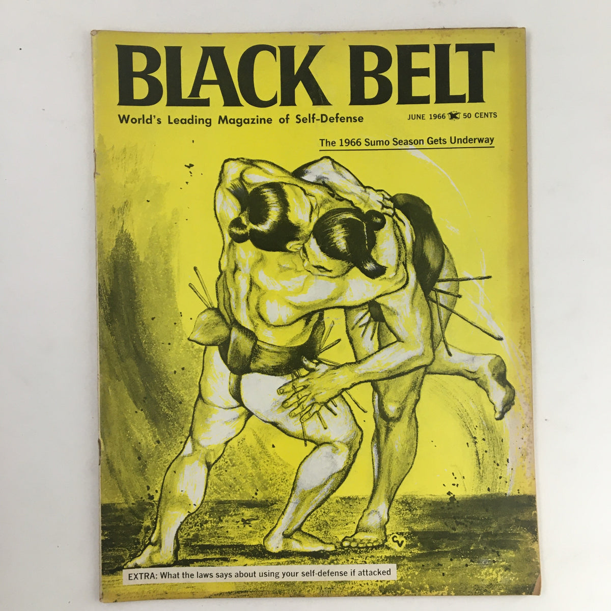 Black Belt Magazine June 1966 Vol. 4 No. 6 cover featuring two Japanese sumoists engaging in a match, showcasing martial arts history and culture.