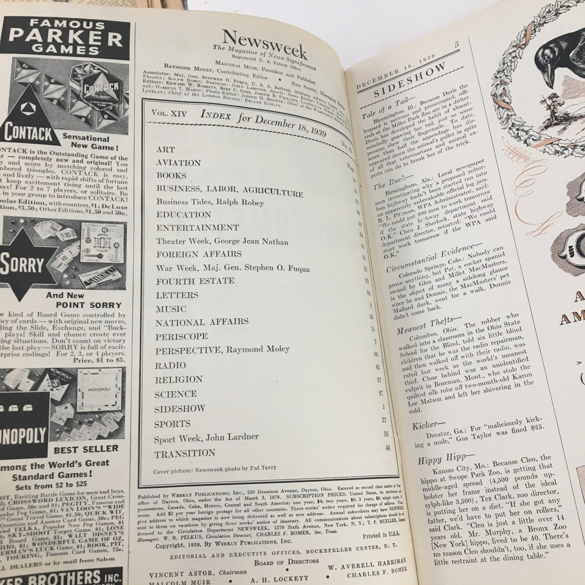 Interior page of Newsweek Magazine December 18 1939 displaying the index and articles including topics like aviation, national affairs, and entertainment.