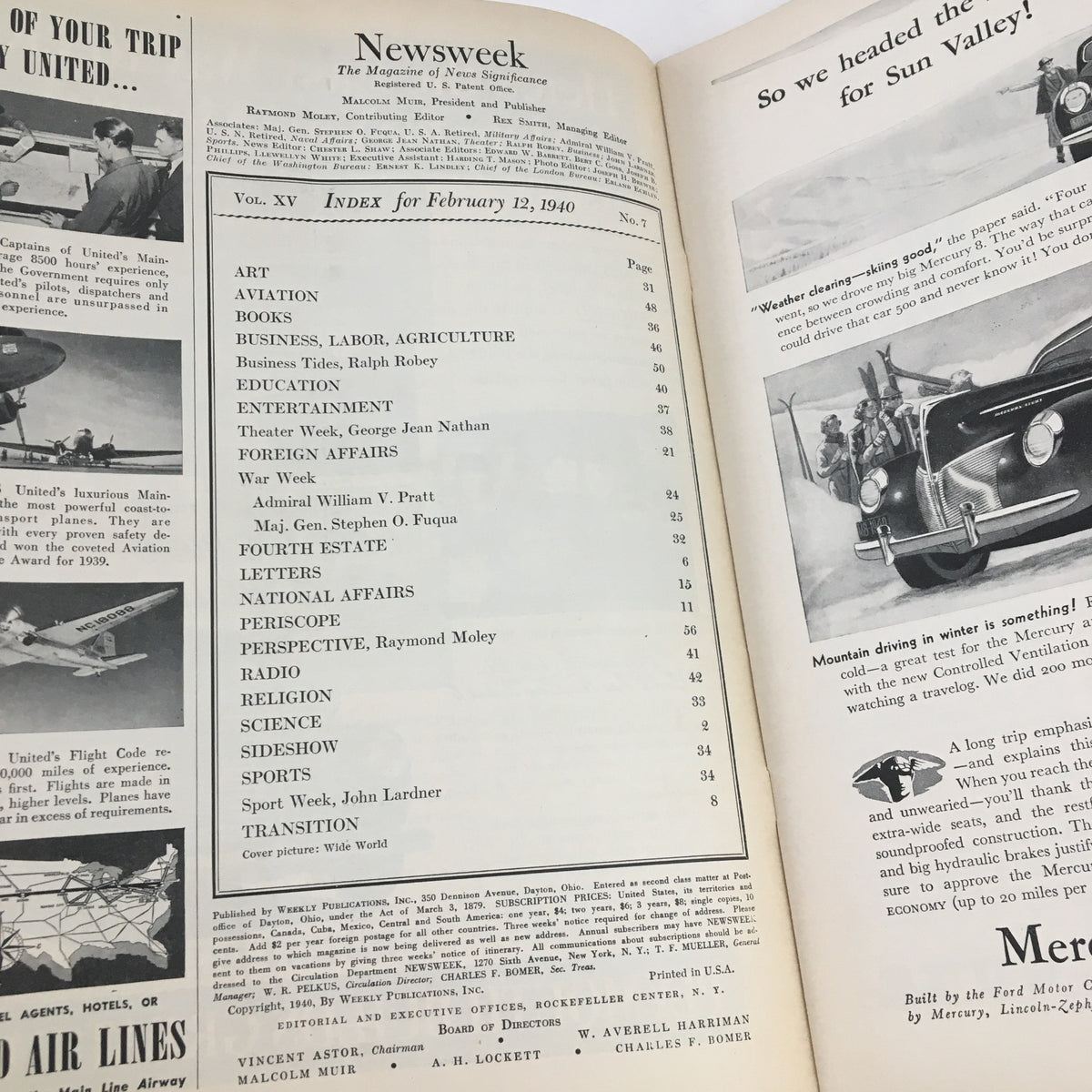 Interior page index of Newsweek Magazine February 12, 1940 listing various sections including Aviation and War Week.