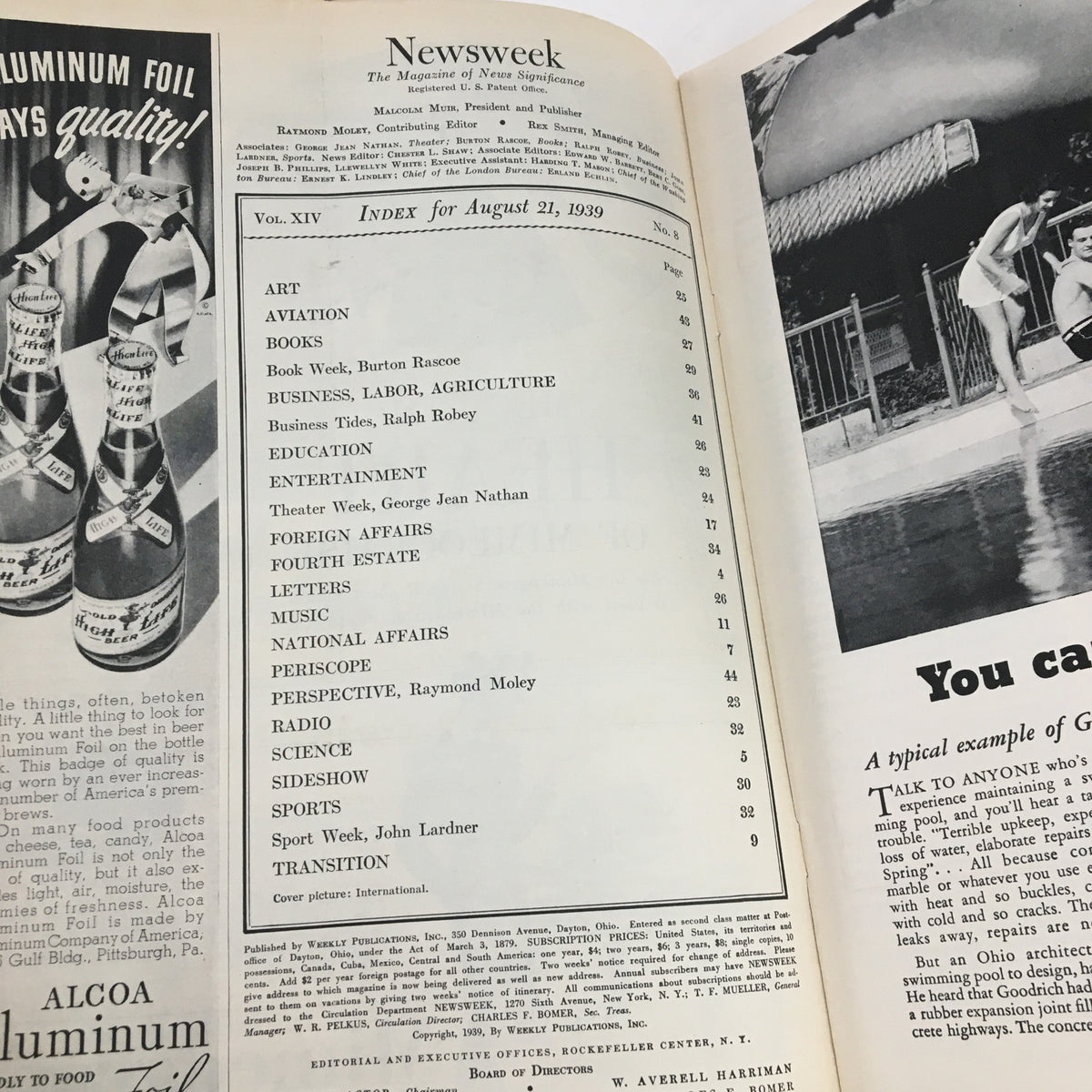 Interior page of Newsweek Magazine from August 21, 1939, showing the index and articles, highlighting the magazine's content and structure.