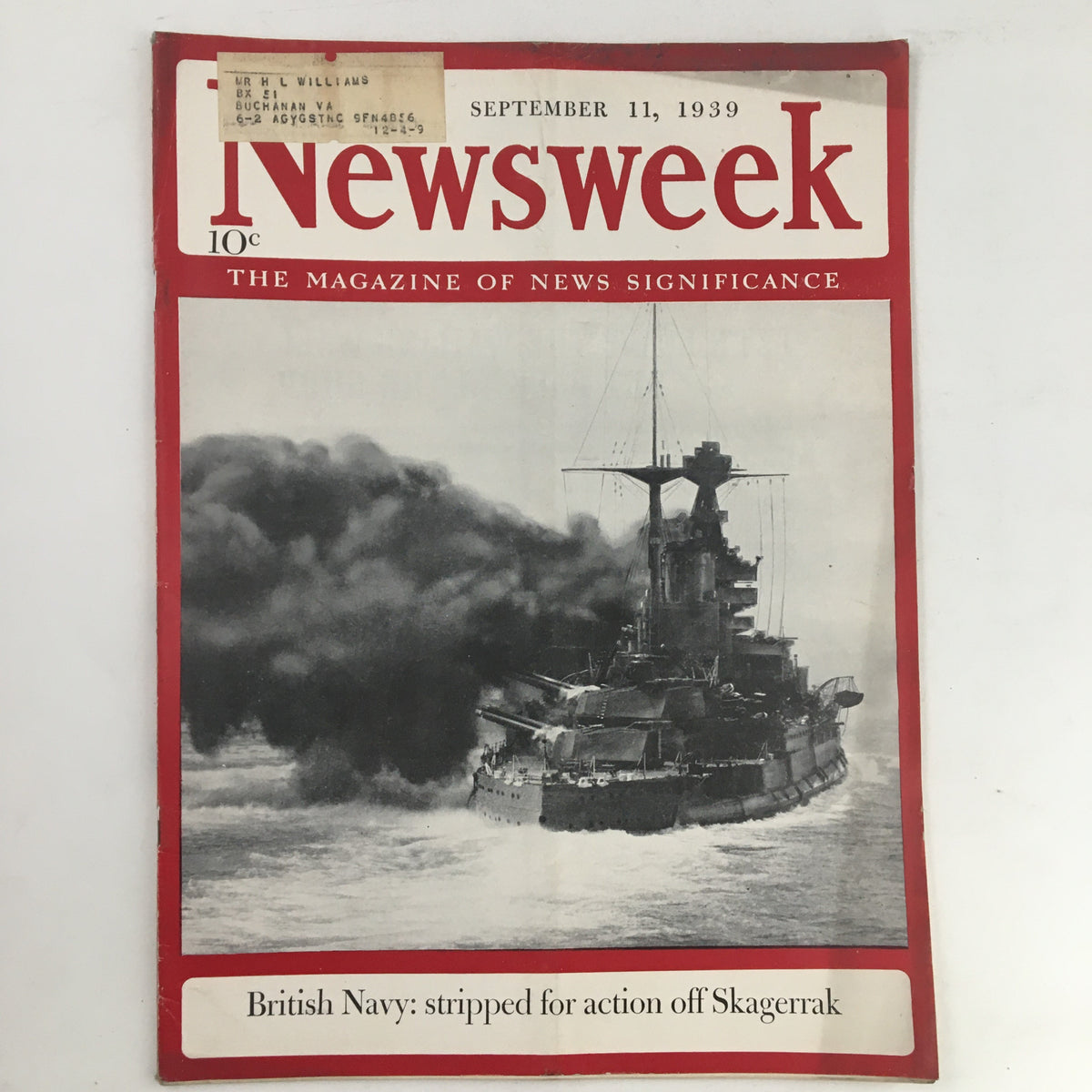 Cover of Newsweek Magazine dated September 11, 1939, featuring a historical photograph of a British Navy ship with smoke billowing, illustrating the cover story 'British Navy: stripped for action off Skagerrak'.