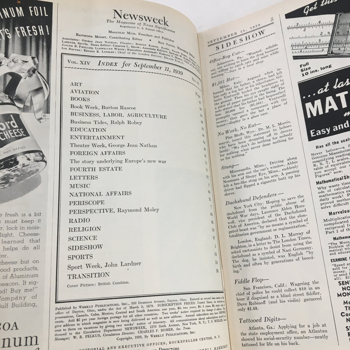 Interior page of Newsweek Magazine from September 11, 1939 displaying the index of featured articles including Foreign Affairs and National Affairs.