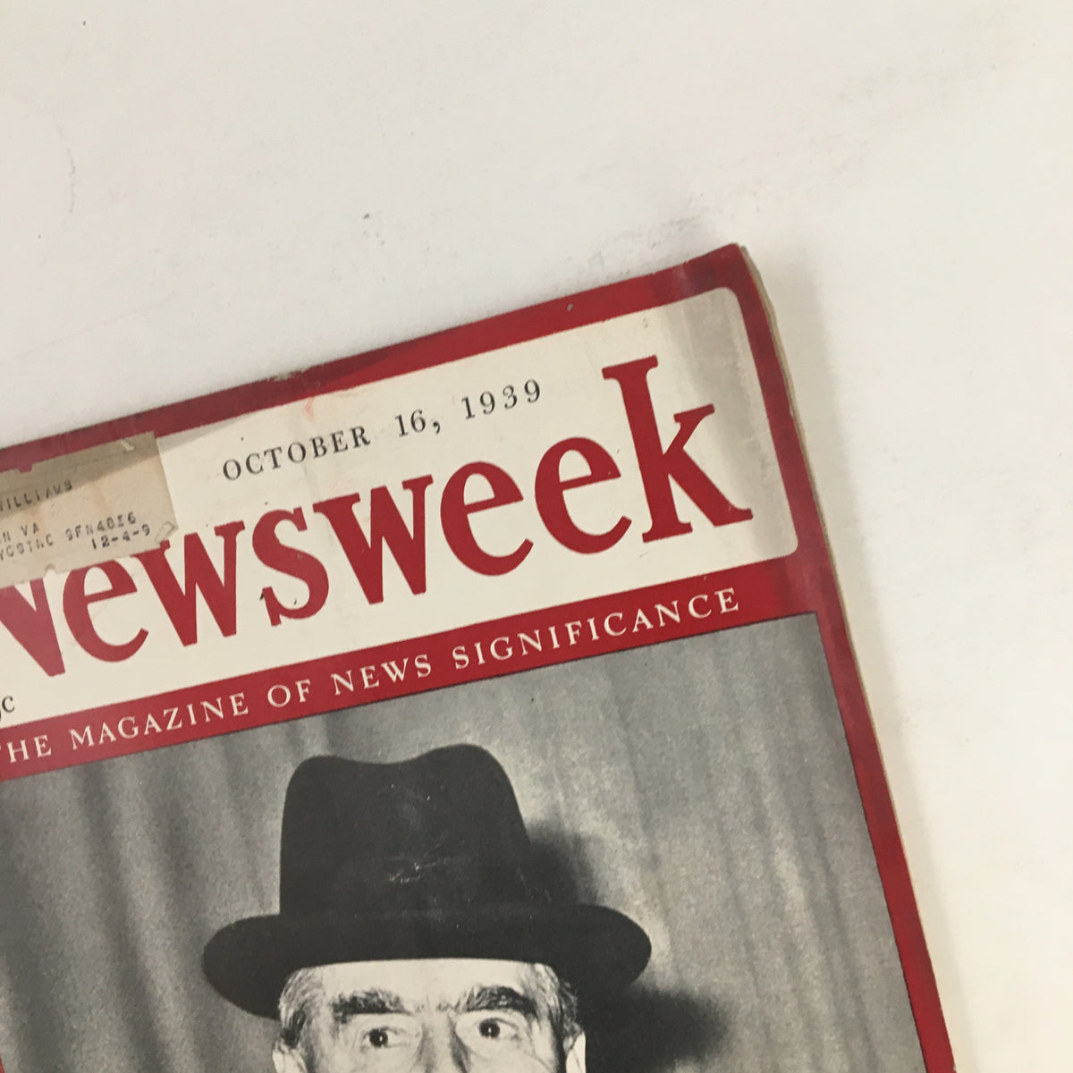 Close-up of the Newsweek Magazine cover from October 16, 1939 showcasing Prime Minister Neville Chamberlain, highlighting its historical significance.