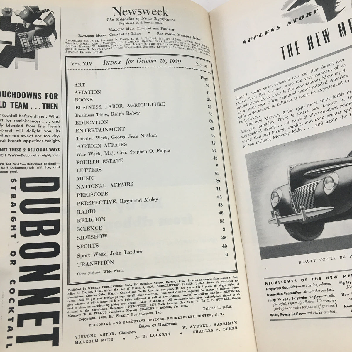 Inside page of Newsweek Magazine from October 16, 1939 displaying the index of articles, reflecting the state of news during the era.