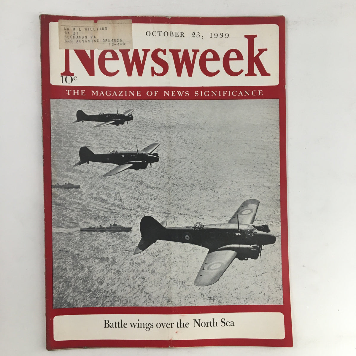 Cover of Newsweek Magazine dated October 23, 1939, featuring the title 'Battle Wings Over The North Sea' with images of historical aircraft and the publication's logo.