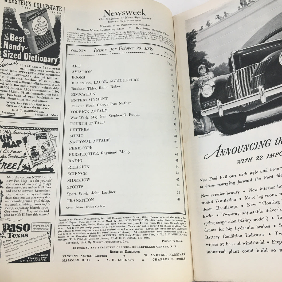 Inside view of Newsweek Magazine from October 23, 1939, displaying the index page with topics including aviation, national affairs, and foreign affairs.