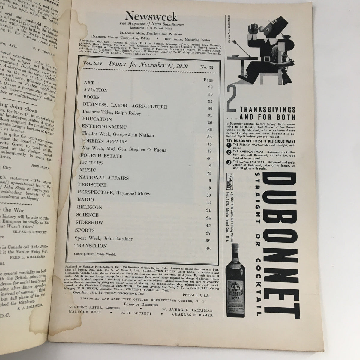 Inside page of Newsweek Magazine November 27 1939, featuring the index with topics such as Art, Aviation, and Foreign Affairs.