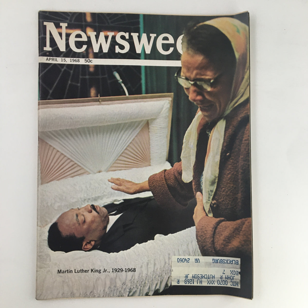 Newsweek Magazine April 15, 1968, featuring an iconic cover image depicting Martin Luther King Jr. in a coffin during a somber moment, with a woman grieving by his side, capturing the emotional impact of his legacy.