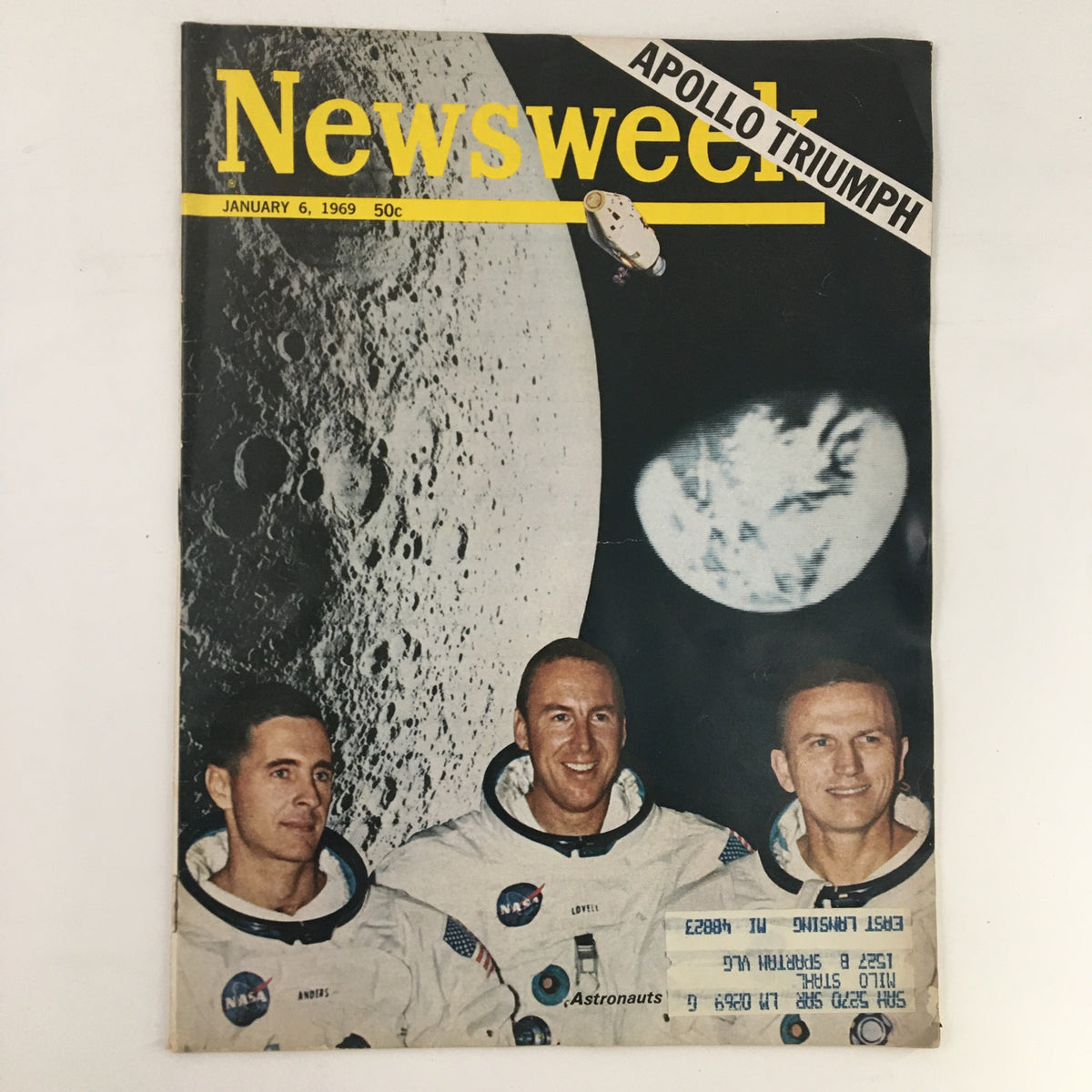 Newsweek Magazine cover from January 6, 1969 featuring Apollo astronauts Anders, Lovell, and Borman with a lunar background, celebrating Apollo 8's mission and achievements in space exploration.