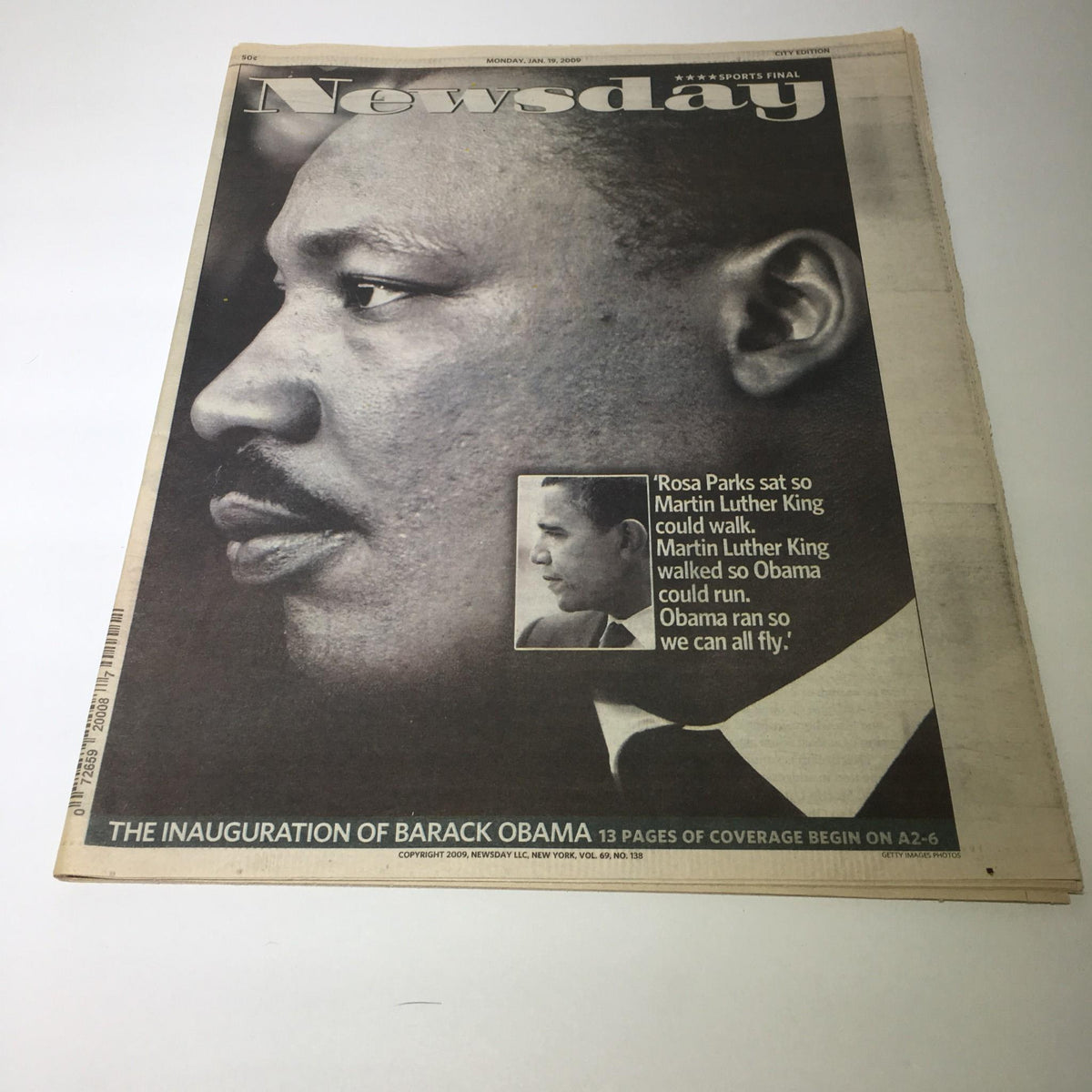 Newsday front page from January 19, 2009 featuring a profile of Martin Luther King Jr. alongside a historical quote about Barack Obama and the significance of his inauguration.