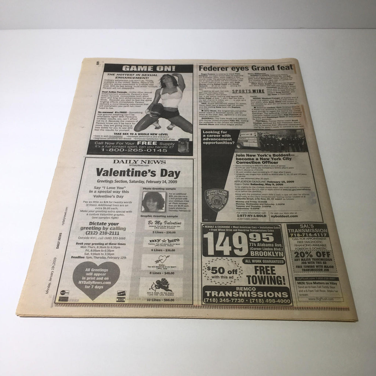 Back of the NY Daily News newspaper featuring advertisements, dated January 19, 2009. Celebrating Martin Luther King Jr.'s legacy.